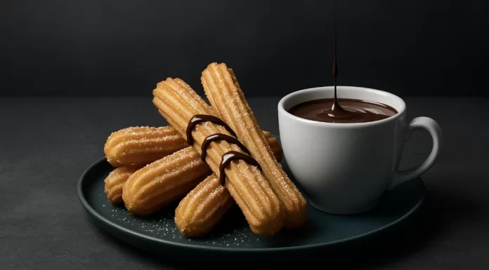 Churros con chocolate Churros dorados espolvoreados con azúcar junto a una taza de chocolate espeso sobre fondo oscuro.