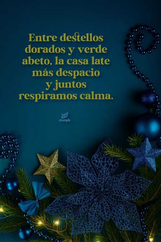 Arreglo navideño azul con flor de pascua brillante, estrellas doradas y guirnaldas de pino con luces.