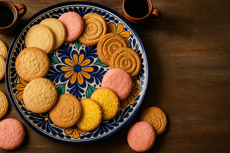 Plato de Talavera con galletas mexicanas surtidas y dos tazas de café sobre mesa de madera.