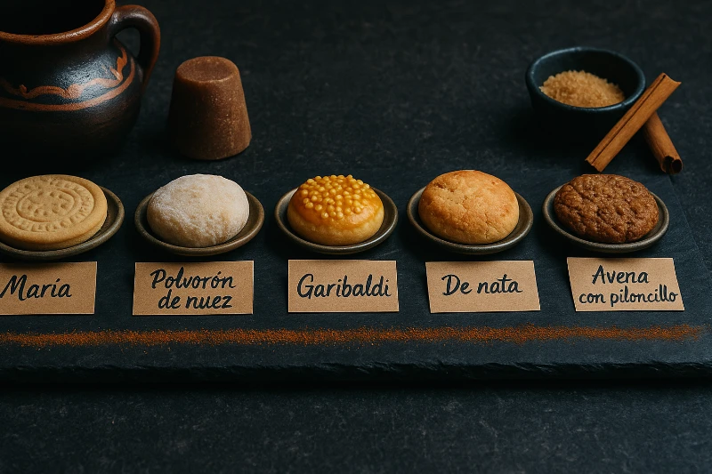 Muestras rotuladas: María, polvorón de nuez, garibaldi, de nata y avena con piloncillo.