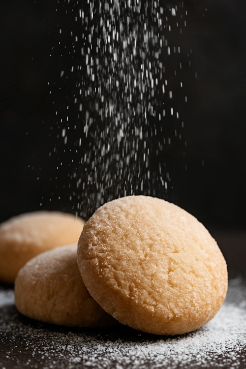 Polvorones de nuez con azúcar glass cayendo sobre las galletas.