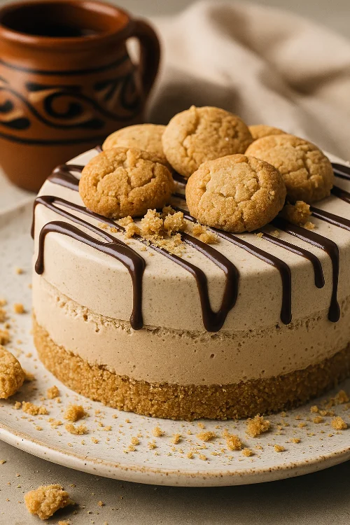 Pastel frío con base de galleta María, decorado con chocolate, junto a jarrito de barro.