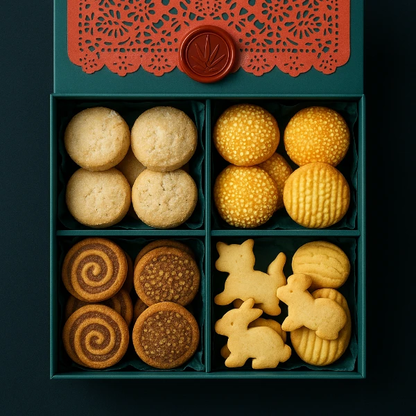 Caja surtida con polvorón, garibaldi, canela en espiral y mantequilla con formas.