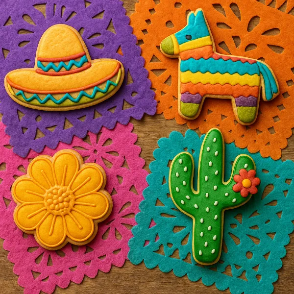 Galletas decoradas estilo mexicano: sombrero, burro piñata, cactus y flor sobre papel picado de colores.
