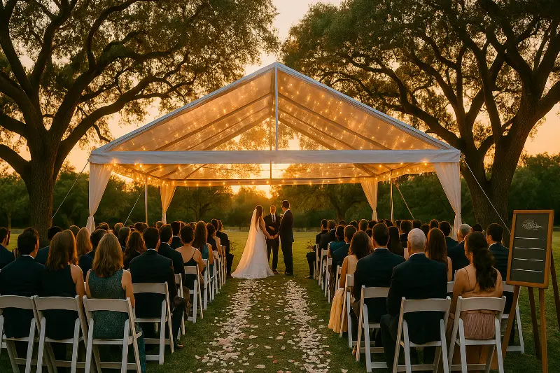 Ceremonia de boda al atardecer en jardín de eventos con carpa transparente y luces.