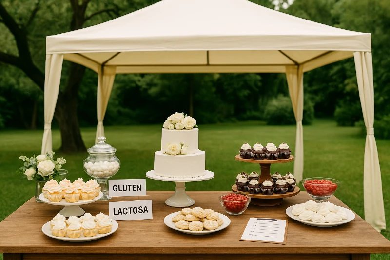 Mesa de postres en exterior con pastel blanco y etiquetas de alérgenos.