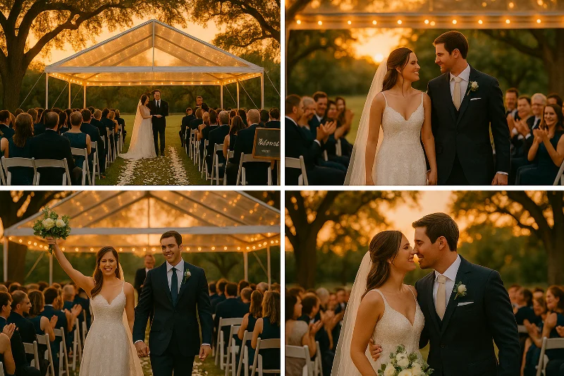 Collage de boda: pareja saliendo entre aplausos, primer plano y pasillo iluminado en un jardín de eventos.