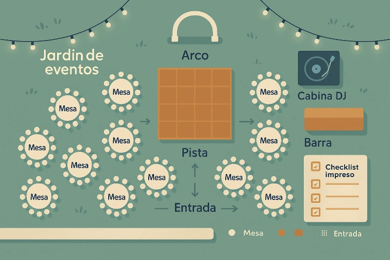 Infografía del montaje: pista central, mesas redondas, barra y cabina de DJ.