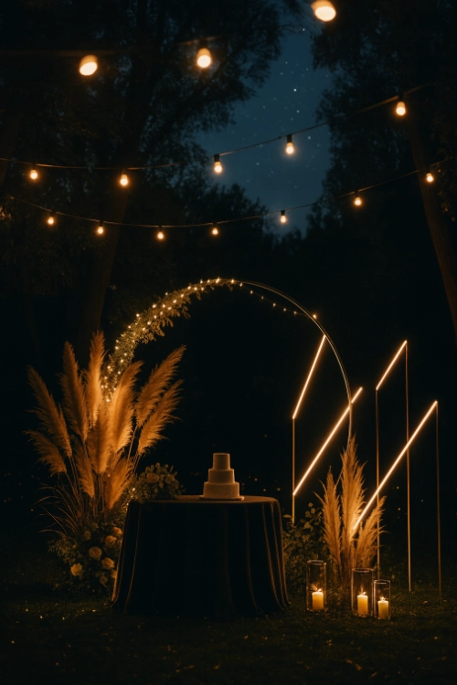 Mesa del pastel de noche con arco luminoso, pampas y velas cálidas.