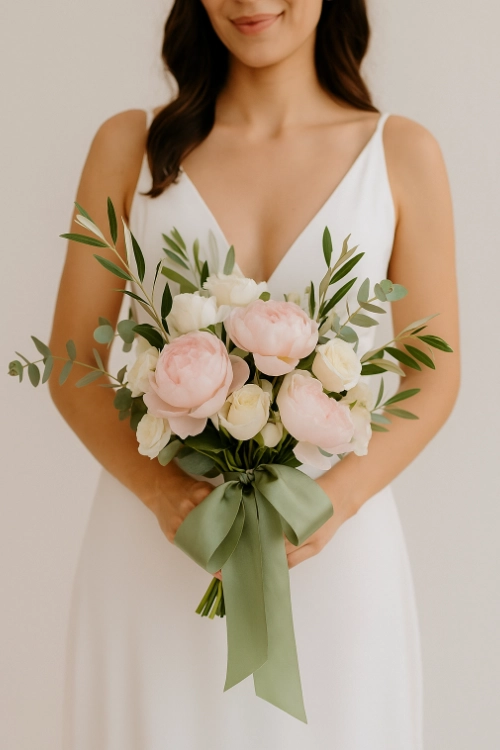 ramos de novia romántico con peonías rosa, eucalipto y lazo salvia.