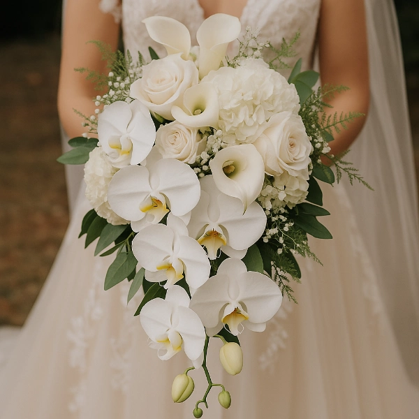 ramos de novia en cascada con orquídeas blancas y rosas crema.
