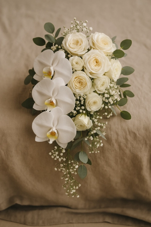 Bouquet en cascada de orquídeas y rosas crema sobre lino beige.