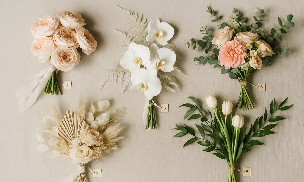 ramos de novia variados: rosas, orquídeas, tulipanes y bouquet seco.