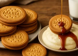 El legado de la galleta María: el sabor de un clásico que sigue vigente Taza de café latte con arte de leche acompañada de galletas María sobre mantel iluminado por la mañana.