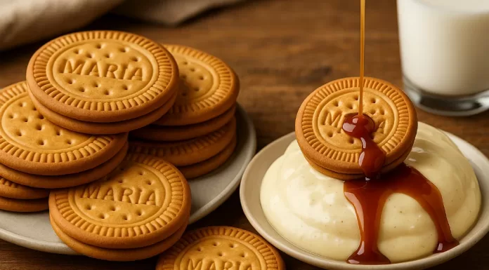 El legado de la galleta María: el sabor de un clásico que sigue vigente Taza de café latte con arte de leche acompañada de galletas María sobre mantel iluminado por la mañana.