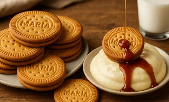 Taza de café latte con arte de leche acompañada de galletas María sobre mantel iluminado por la mañana.