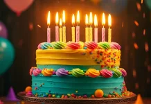 Palabras de Feliz Cumpleaños: frases, ejemplos y mensajes para dedicar Pastel de cumpleaños con velas y globos, ideal para acompañar palabras de feliz cumpleaños y mensajes de celebración.