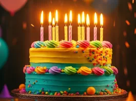 Palabras de Feliz Cumpleaños: frases, ejemplos y mensajes para dedicar Pastel de cumpleaños con velas y globos, ideal para acompañar palabras de feliz cumpleaños y mensajes de celebración.