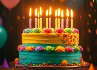 Palabras de feliz cumpleaños: mensajes bonitos y plantillas para copiar Pastel de cumpleaños con velas y globos, ideal para acompañar palabras de feliz cumpleaños y mensajes de celebración.