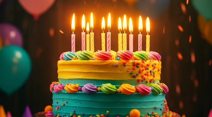 Palabras de Feliz Cumpleaños: frases, ejemplos y mensajes para dedicar Pastel de cumpleaños con velas y globos, ideal para acompañar palabras de feliz cumpleaños y mensajes de celebración.