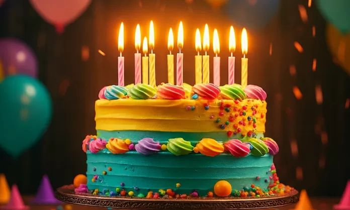 pastel-feliz-cumpleanos Pastel de cumpleaños con velas y globos, ideal para acompañar palabras de feliz cumpleaños y mensajes de celebración.