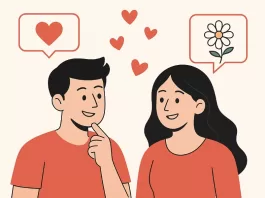 Piropos para enamorar: frases románticas, graciosas y elegantes 2025 Alt text: Ilustración minimalista de un hombre y una mujer conversando, ambos sonrientes, con corazones flotando entre ellos y globos de diálogo que muestran un corazón y una flor, sobre fondo beige con el título “Piropos para enamorar” en la parte superior.