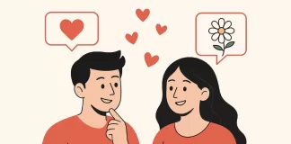 Piropos para enamorar: frases románticas, graciosas y elegantes 2025 Alt text: Ilustración minimalista de un hombre y una mujer conversando, ambos sonrientes, con corazones flotando entre ellos y globos de diálogo que muestran un corazón y una flor, sobre fondo beige con el título “Piropos para enamorar” en la parte superior.