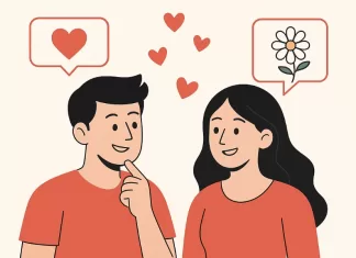 Piropos para enamorar: frases románticas, graciosas y elegantes 2025 Alt text: Ilustración minimalista de un hombre y una mujer conversando, ambos sonrientes, con corazones flotando entre ellos y globos de diálogo que muestran un corazón y una flor, sobre fondo beige con el título “Piropos para enamorar” en la parte superior.