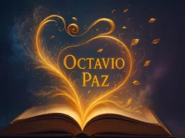 Libro abierto con energía dorada y el nombre “Octavio Paz” brillando sobre un fondo azul oscuro.