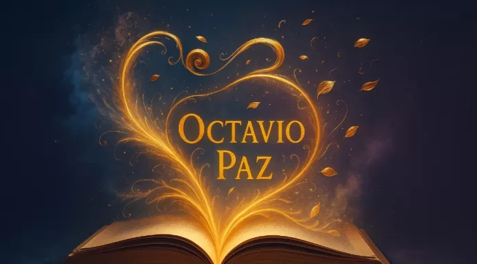 Poemas de Octavio Paz: los más famosos, su significado y frases Libro abierto con energía dorada y el nombre “Octavio Paz” brillando sobre un fondo azul oscuro.