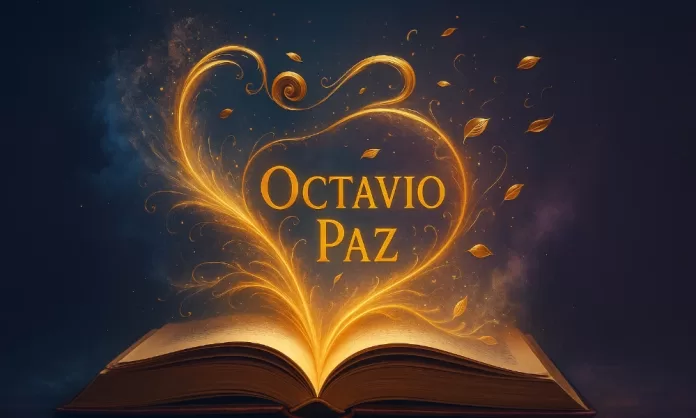 poemas-octavio-paz Libro abierto con energía dorada y el nombre “Octavio Paz” brillando sobre un fondo azul oscuro.