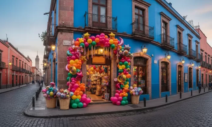 tienda-de-globos Fachada de una tienda de globos colorida en la ciudad de México