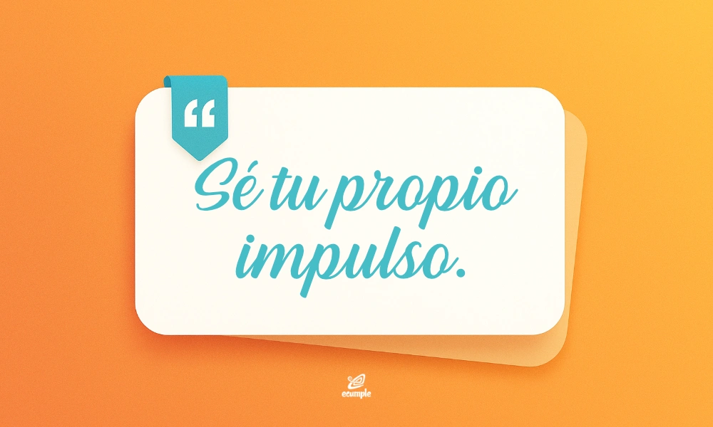 Sé tu propio impulso’ en tarjeta clara con fondo naranja y cinta turquesa.