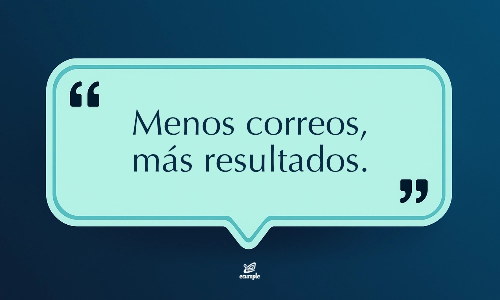 Frases motivadoras cortas: “Menos correos, más resultados” en globo verde menta sobre fondo azul oscuro.