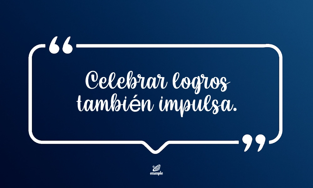 Frases motivadoras cortas: “Celebrar logros también impulsa” dentro de marco de comillas blanco sobre fondo azul.