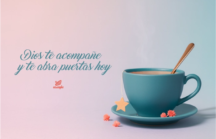 Mensaje de buenos dias con taza turquesa de té y etiqueta en forma de estrella