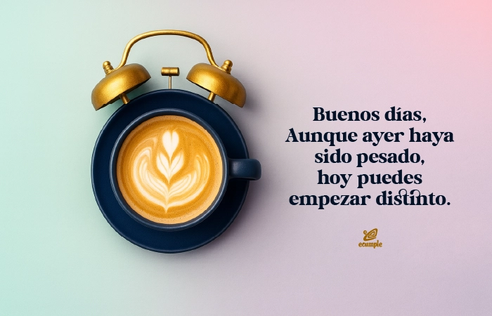 Taza de café latte con forma de despertador sobre fondo suave y difuminado