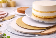 Base para pastel: guía fácil para elegirla y prepararla Base para pastel con varios soportes apilados (cartón laminado, acrílico y madera)