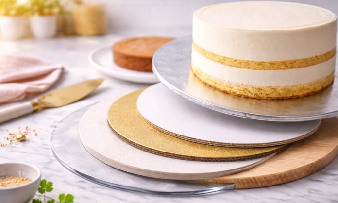 Base para pastel con varios soportes apilados (cartón laminado, acrílico y madera)