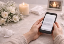 Palabras de aliento por fallecimiento Palabras de aliento por fallecimiento en WhatsApp: manos con celular, vela encendida y flores blancas en un ambiente de condolencias.