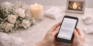 Palabras de aliento por fallecimiento Palabras de aliento por fallecimiento en WhatsApp: manos con celular, vela encendida y flores blancas en un ambiente de condolencias.