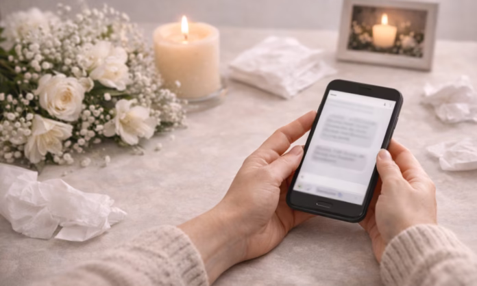 Palabras de aliento por fallecimiento en WhatsApp: manos con celular, vela encendida y flores blancas en un ambiente de condolencias.