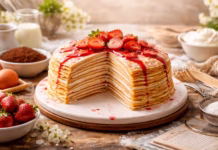Pastel de crepas (mil crepas): guía real para que quede firme y se corte bonito Pastel de crepas (mil crepas) alto y firme, con capas finas de crepas y crema, listo para cortar en porciones.