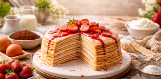 Pastel de crepas (mil crepas): guía real para que quede firme y se corte bonito Pastel de crepas (mil crepas) alto y firme, con capas finas de crepas y crema, listo para cortar en porciones.