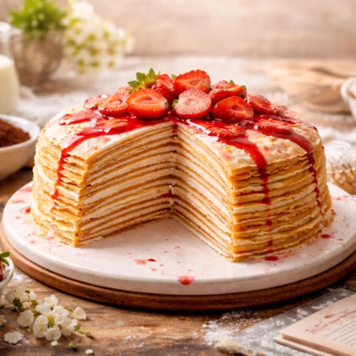 Pastel de crepas (mil crepas) alto y firme, con capas finas de crepas y crema, listo para cortar en porciones.