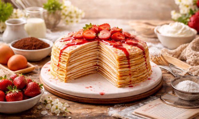 Pastel de crepas (mil crepas) alto y firme, con capas finas de crepas y crema, listo para cortar en porciones.