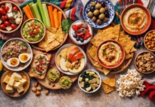 Snacks saludables: 50 ideas fáciles y rápidas (dulces y saladas) Snacks saludables variados en mesa cenital: guacamole, hummus, aceitunas, yogur con fruta y chía, verduras, queso, frutos secos y palomitas.