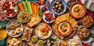 Snacks saludables: 50 ideas fáciles y rápidas (dulces y saladas) Snacks saludables variados en mesa cenital: guacamole, hummus, aceitunas, yogur con fruta y chía, verduras, queso, frutos secos y palomitas.