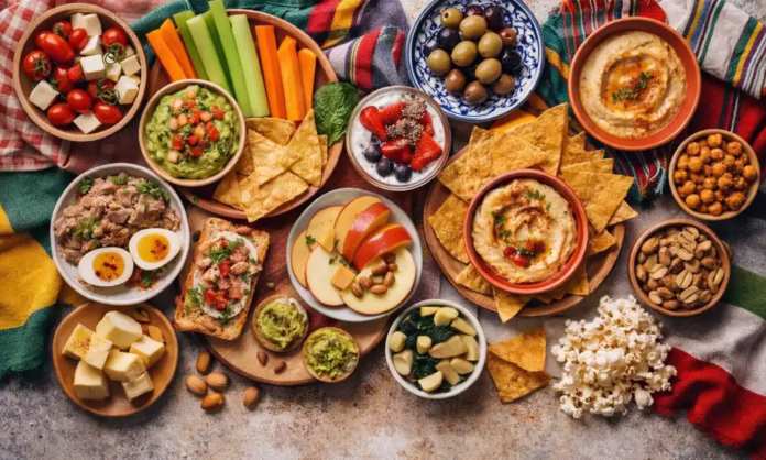 Snacks saludables variados en mesa cenital: guacamole, hummus, aceitunas, yogur con fruta y chía, verduras, queso, frutos secos y palomitas.