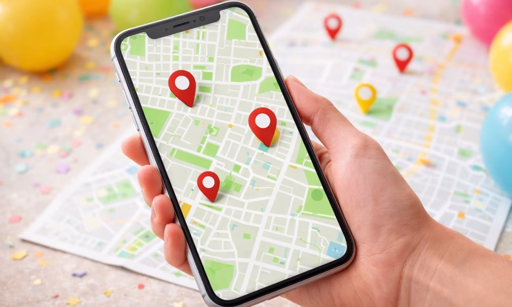 Mano sosteniendo un teléfono con mapa y pines marcando ubicaciones cercanas.